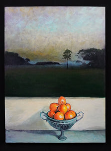 Still Life with Oranges and Airy Hall Painting in Background 30 X 40"
