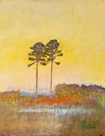 Pair of tall pines and Yellow Sky  20 X 16"