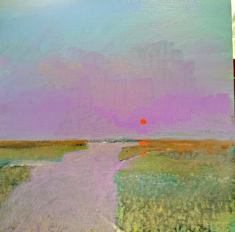 Low Orange Sun with Purple Sky and Marsh