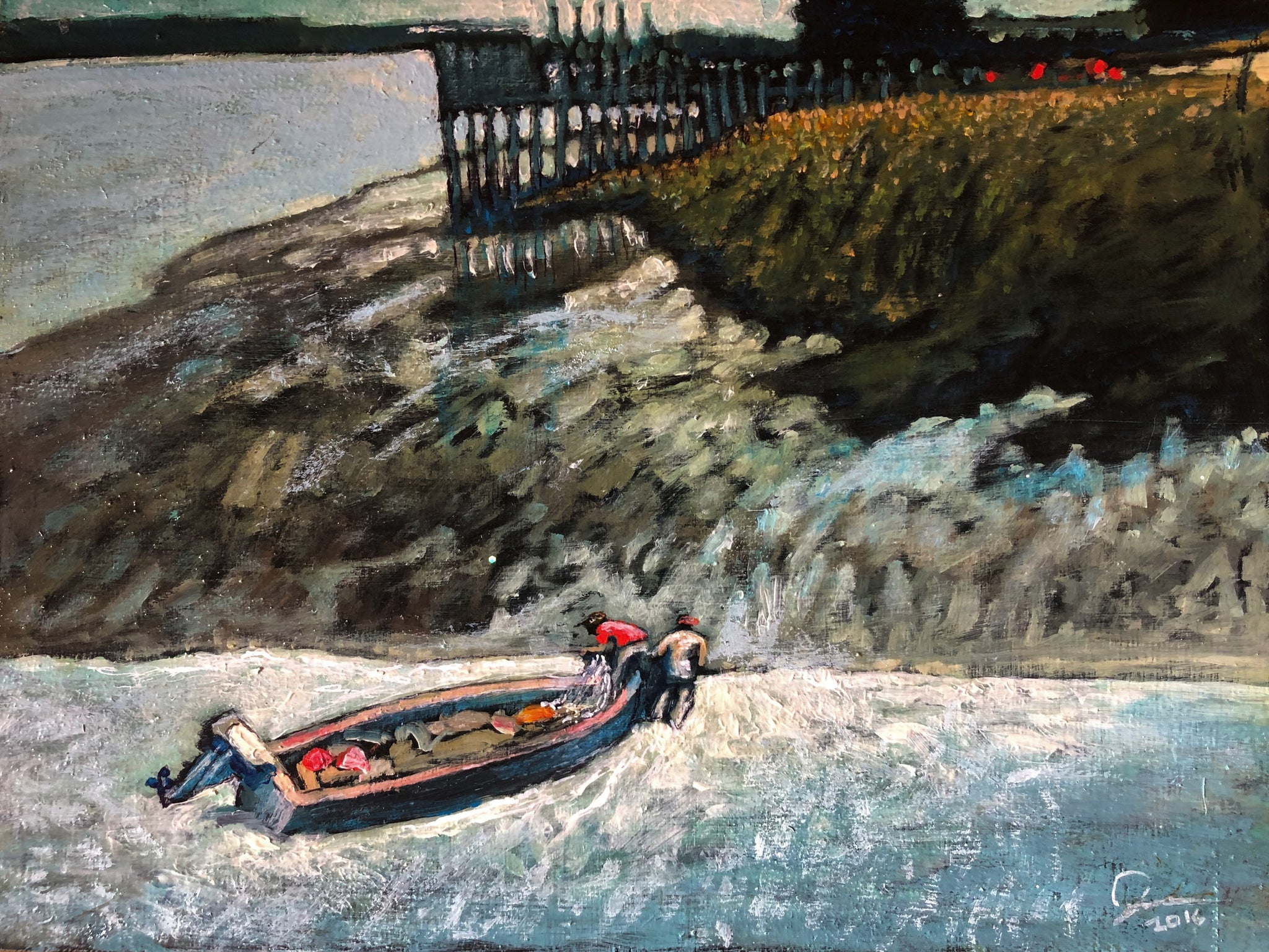 Boatmen at the Shore  9 X 12 " on wood