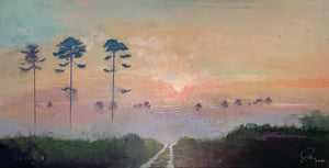 Foggy sunrise with pines 12 X 24