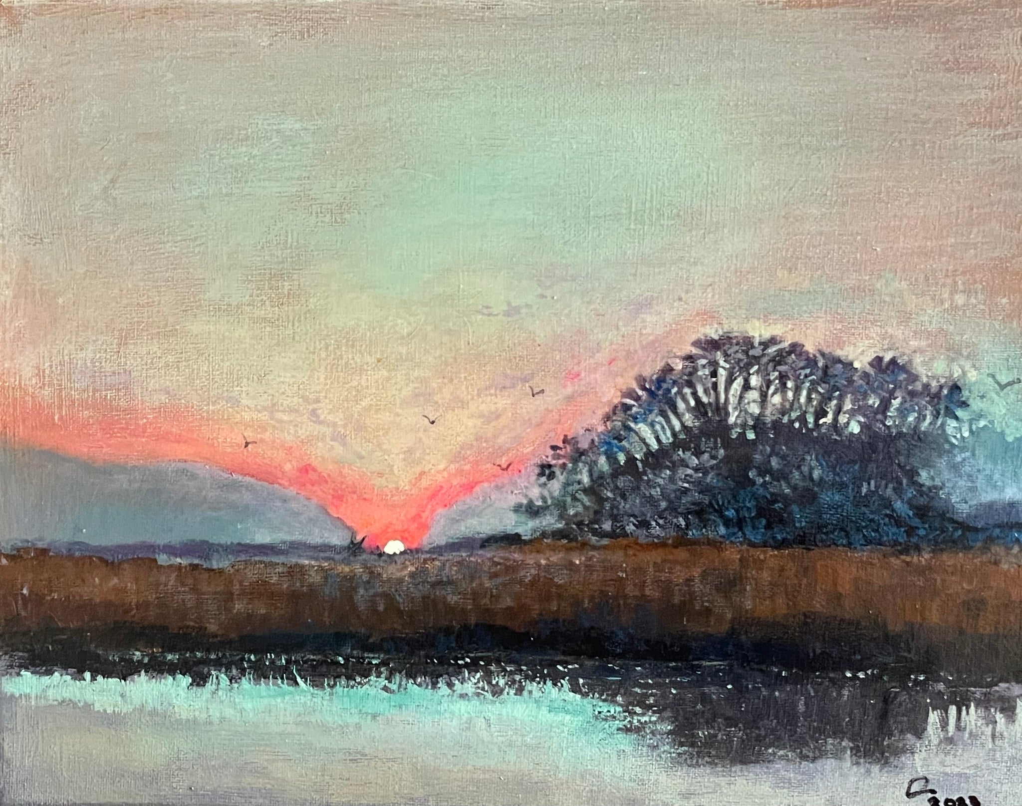 Sun just about gone in the Islands behind Folly Island; 11 X 14"; acrylic