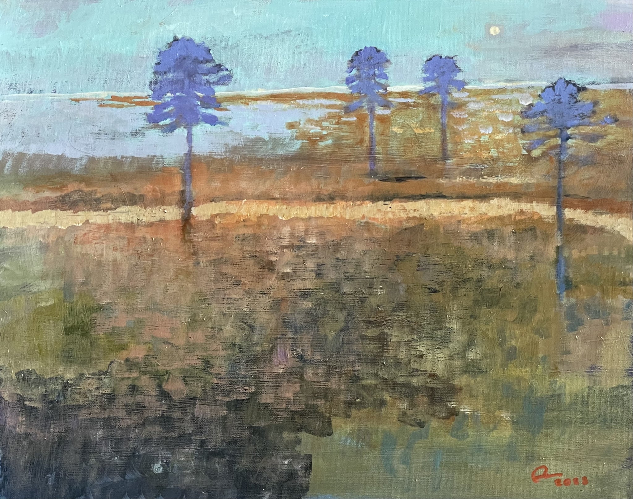 Blue Pines Line Dirt Road as Moon Slides Towards the Horizon;; 16X20"; acrylic